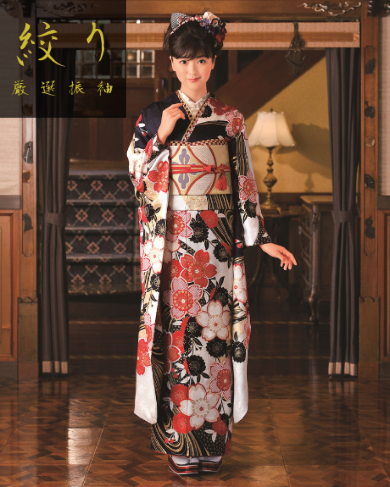 黒地のモノトーン薔薇と乱菊のシックな振袖フルセット 黒地モノトーン