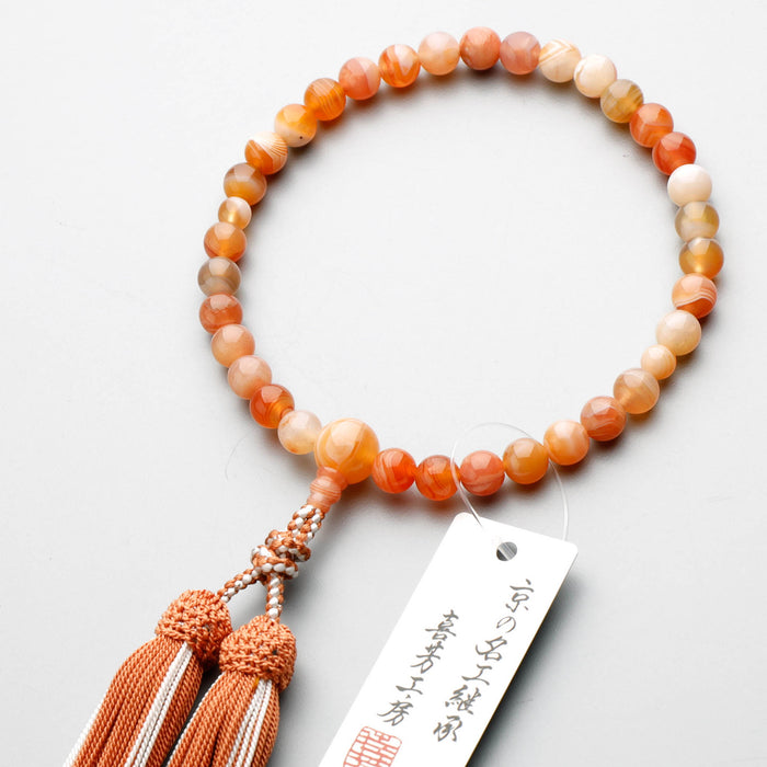 数珠 女性用 オレンジ縞瑪瑙8mm 共仕立 正絹蛍房(サビ朱に白) — 仏壇