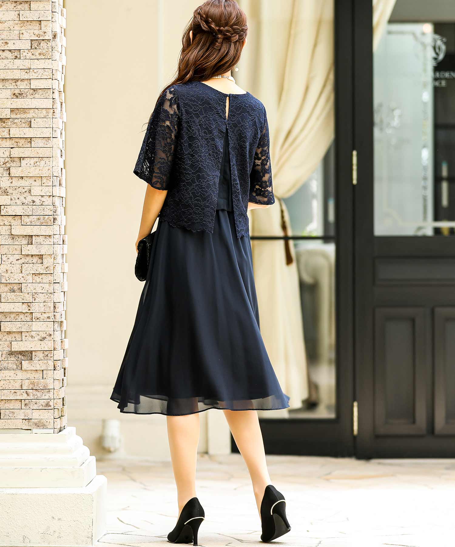 レース×シフォンドッキング 結婚式ワンピース パーティードレス