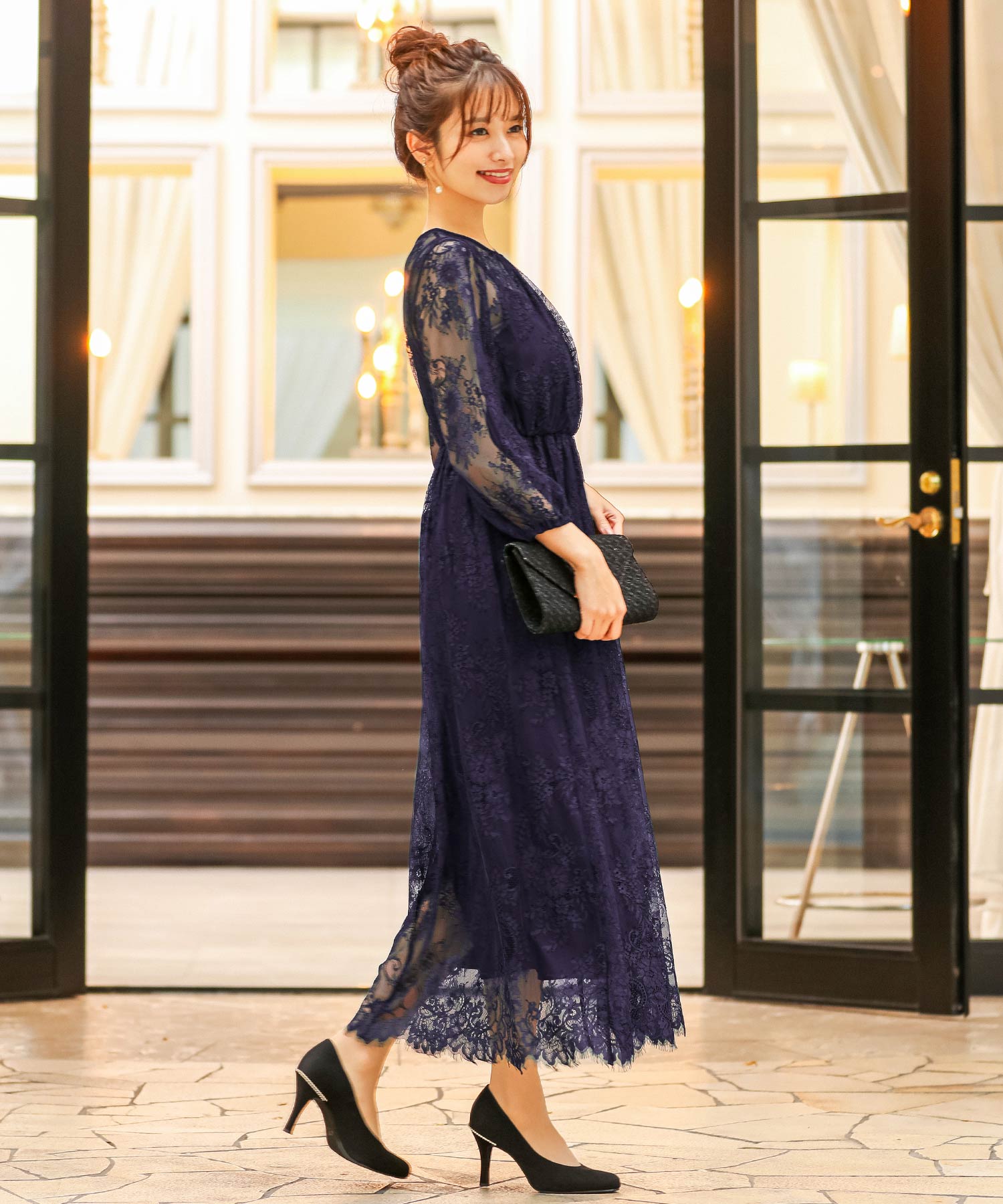 総チュールレースロング 結婚式ワンピース パーティードレス 成人式