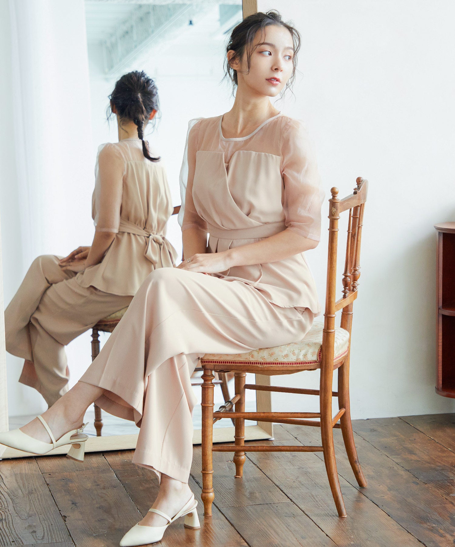 袖オーガンジービスチェ風セットアップパンツドレス｜パンツドレス - niana