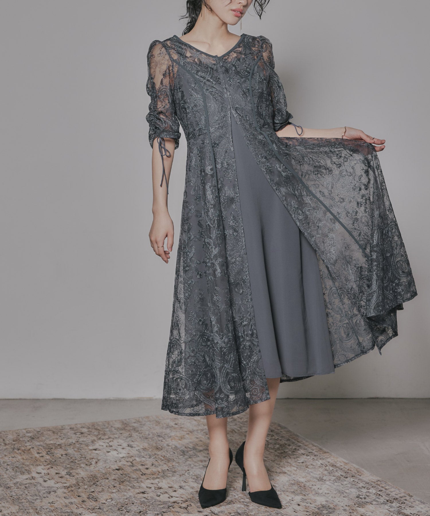 刺繍レースロングカーデキャミワンピセットドレス 結婚式 パーティー