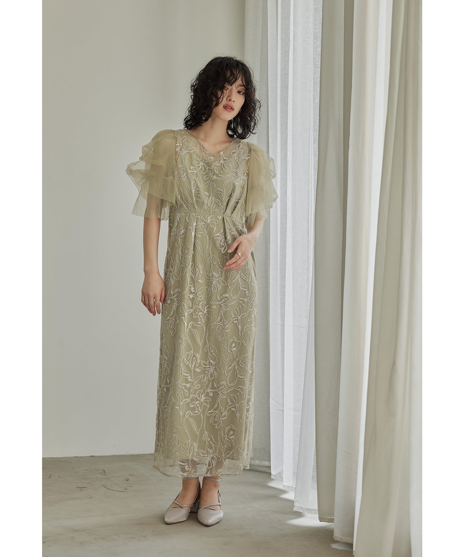 フラフィースリーブペンシルドレス 結婚式 パーティードレス