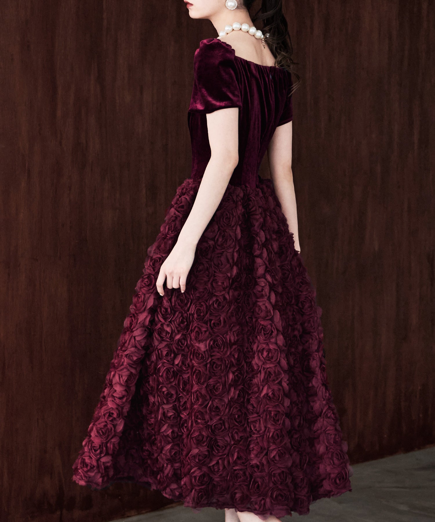 ベロアロゼットフレアドレス｜パーティードレス・結婚式ワンピース