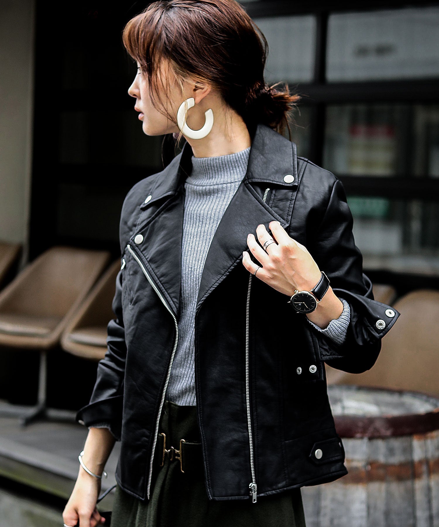 フェイクレザー ダブルライダースジャケット ライトアウター｜コート