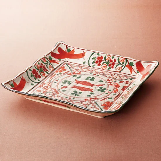 大皿 角皿 靖 工芸品 絵皿 飾り皿 陶磁器 大皿 角皿 靖 工芸品 絵皿