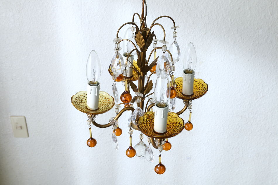 ムラーノアンバーガラス&クリアドロップ ゴールドギルトシャンデリア(4
