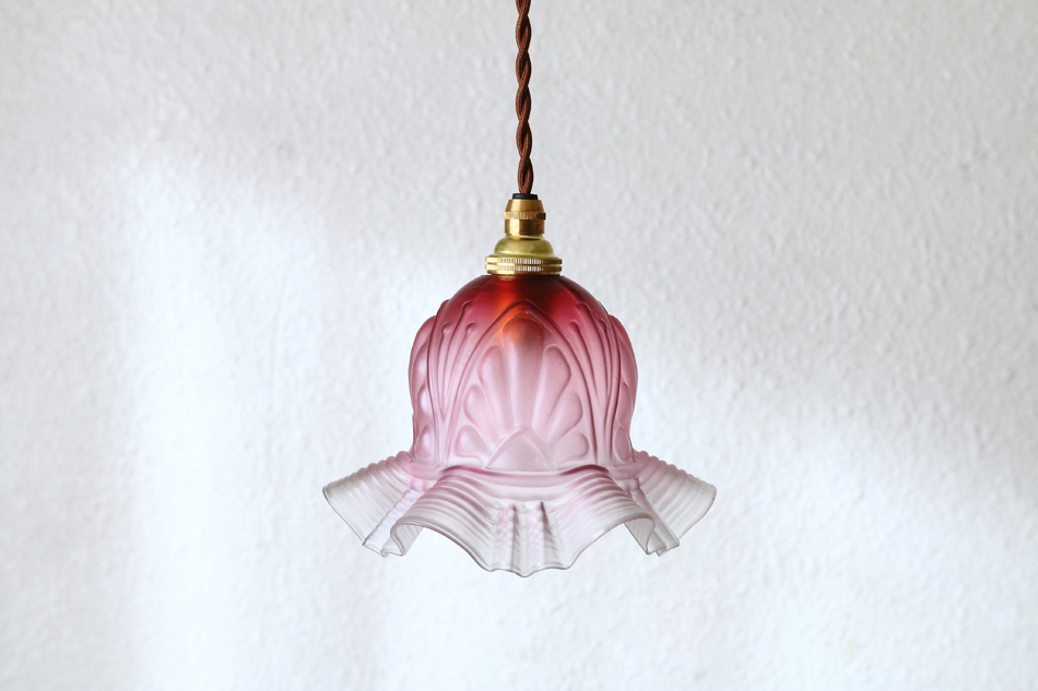 大正ガラス ランプシェード ピンクレッド アンティーク 大正ガラス