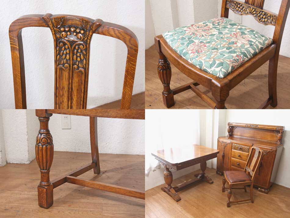 七仔panda 英国アンティーク 椅子 バルボス脚オーク材4脚 ジャンク品