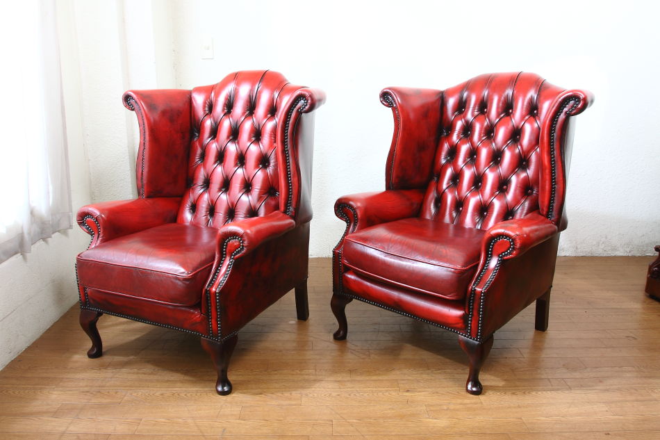 チェスターフィールド レザーウィングバックチェア｜アンティーク家具