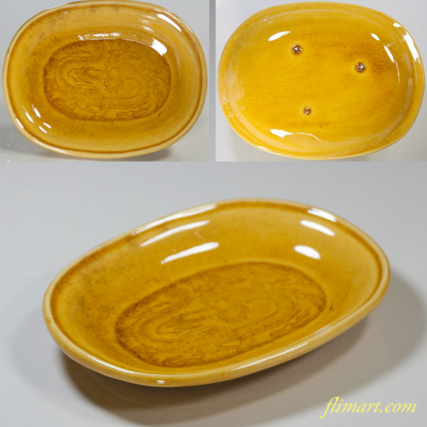 中国 黄交趾 黄釉 龍文線刻皿 小皿 4客まとめて D R6016 中国 黄交趾