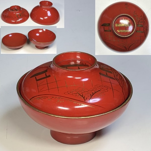 鶴金彩模様の赤漆器蓋付き椀 5個セット