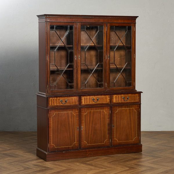 英国アンティーク木製ブックケースキャビネット/本棚/食器棚/飾り棚(91
