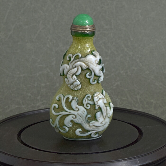 中国骨董 小壺 鼻煙壺 竜 龍 鳳凰 玉石 銘 一輪挿し 中国骨董 小壺