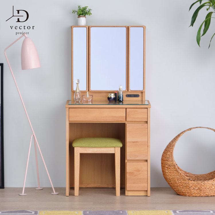 市場】木製ドレッサー 鏡台 鏡付き コンパクト収納 天然木 北欧風 市場