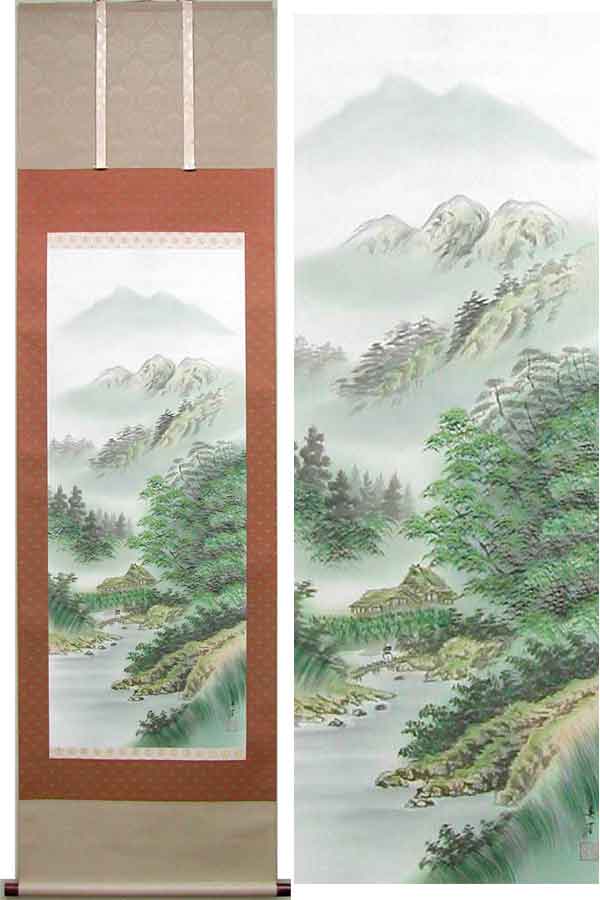 掛け軸 玉芳 彩色山水 絹本 希少 軸装 茶道具 掛軸 美品 です。 掛け軸