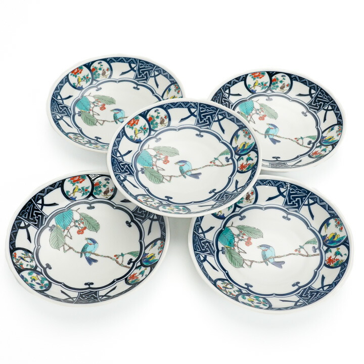 新品未使用箱入り】九谷焼き 青郊窯 瓔珞(ようらく)紋花鳥六寸皿揃 5個