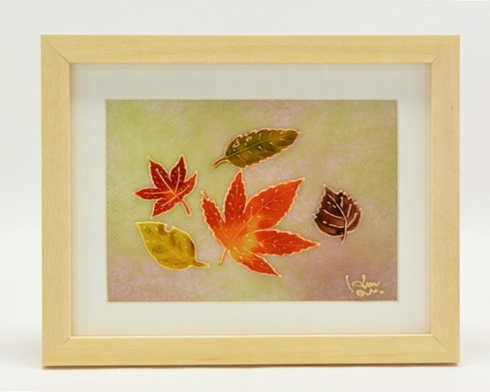 手描きガラス花瓶 蝶と木の葉