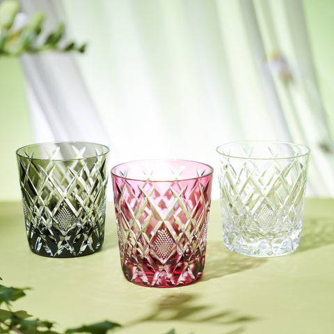 江戸切子 伝統工芸士 木村泰典 作 矢来魚子紋 オールドグラス 黒