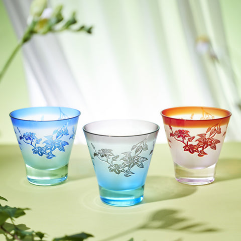 彫刻 夢柄子 ぶどう紋 高台オールドグラス アンバー/パープル ｜江戸