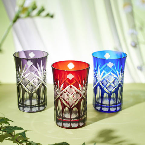 江戸切子 四ツ葉元禄紋 タンブラー 江戸紫 ｜江戸切子グラスなら