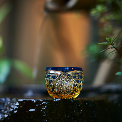 江戸切子 伝統工芸士 木村泰典 作 菊繋ぎに籠目紋 酒器三点揃 琥珀ルリ