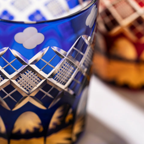 江戸切子 - 四ツ葉に矢来魚子紋 オールドグラス（琥珀ルリ） -【公式