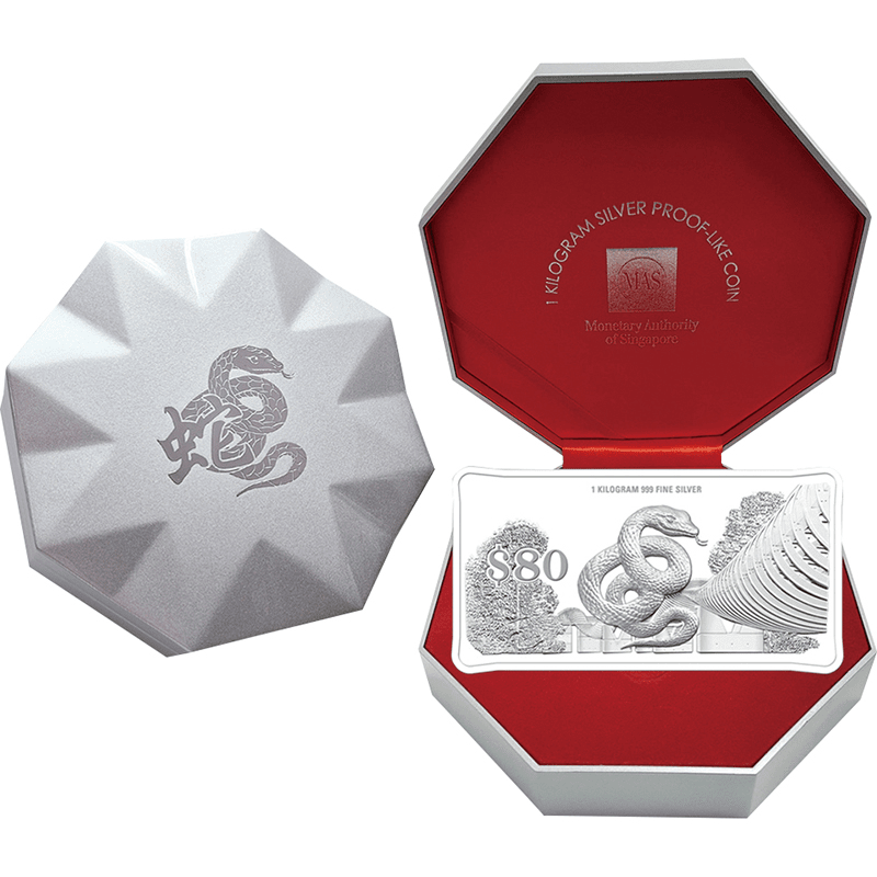 シンガポール 2025年 巳年蛇図 80ドル長方形銀貨 1キロ プルーフライク