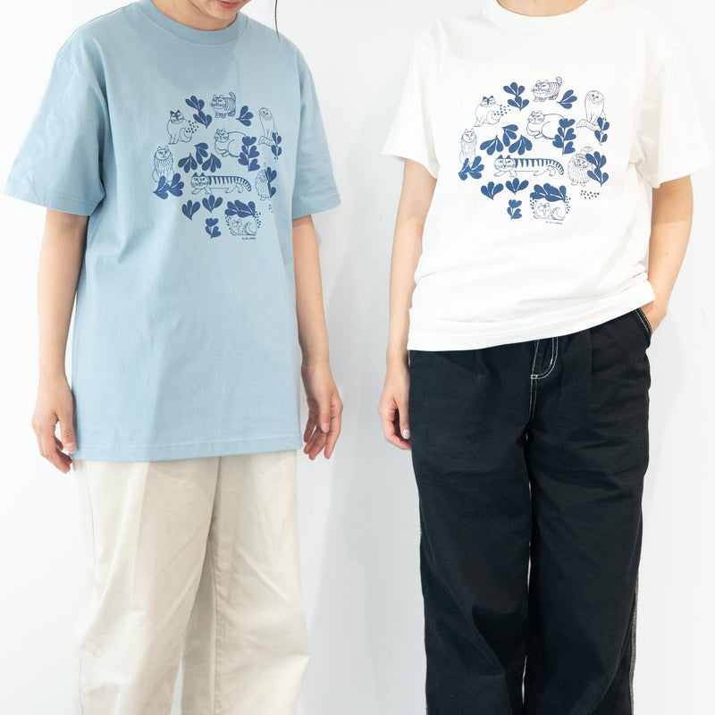 Tシャツ（スケッチねこたちLeaves series・アシッドブルー）