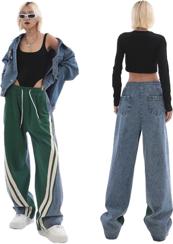 異素材 デニム調パンツ デニム スウェット ジャージ素材 パンツ ライン