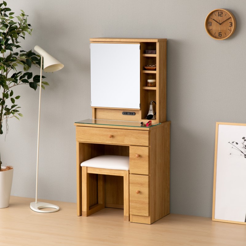 1面ドレッサー 幅60cm コンセント付き 鏡台 ミラー 木製ドレッサー