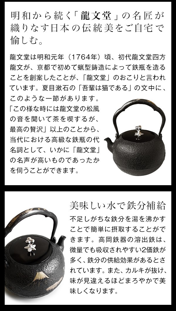 日本製 高岡鉄器 高岡鉄瓶 直火対応 龍文堂写 富士山水図銀象嵌 平丸
