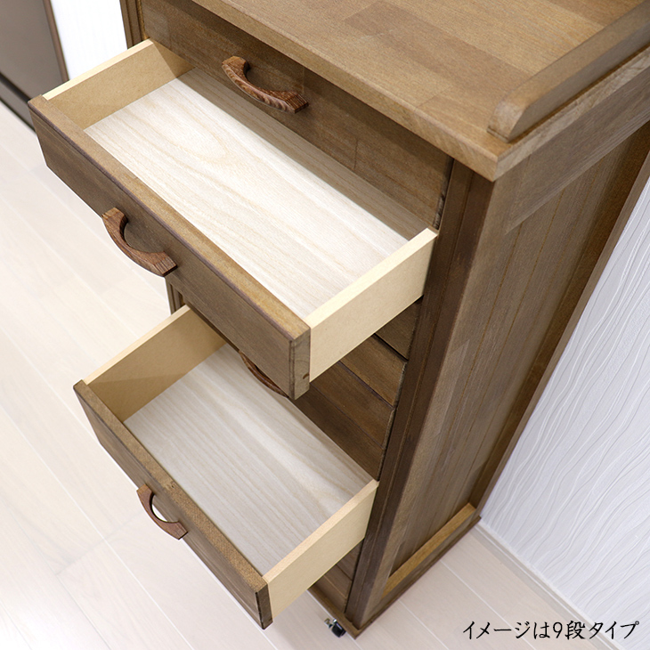 天然木 デザイン多段チェスト 12段 キャスター付き木製取っ手 浅型