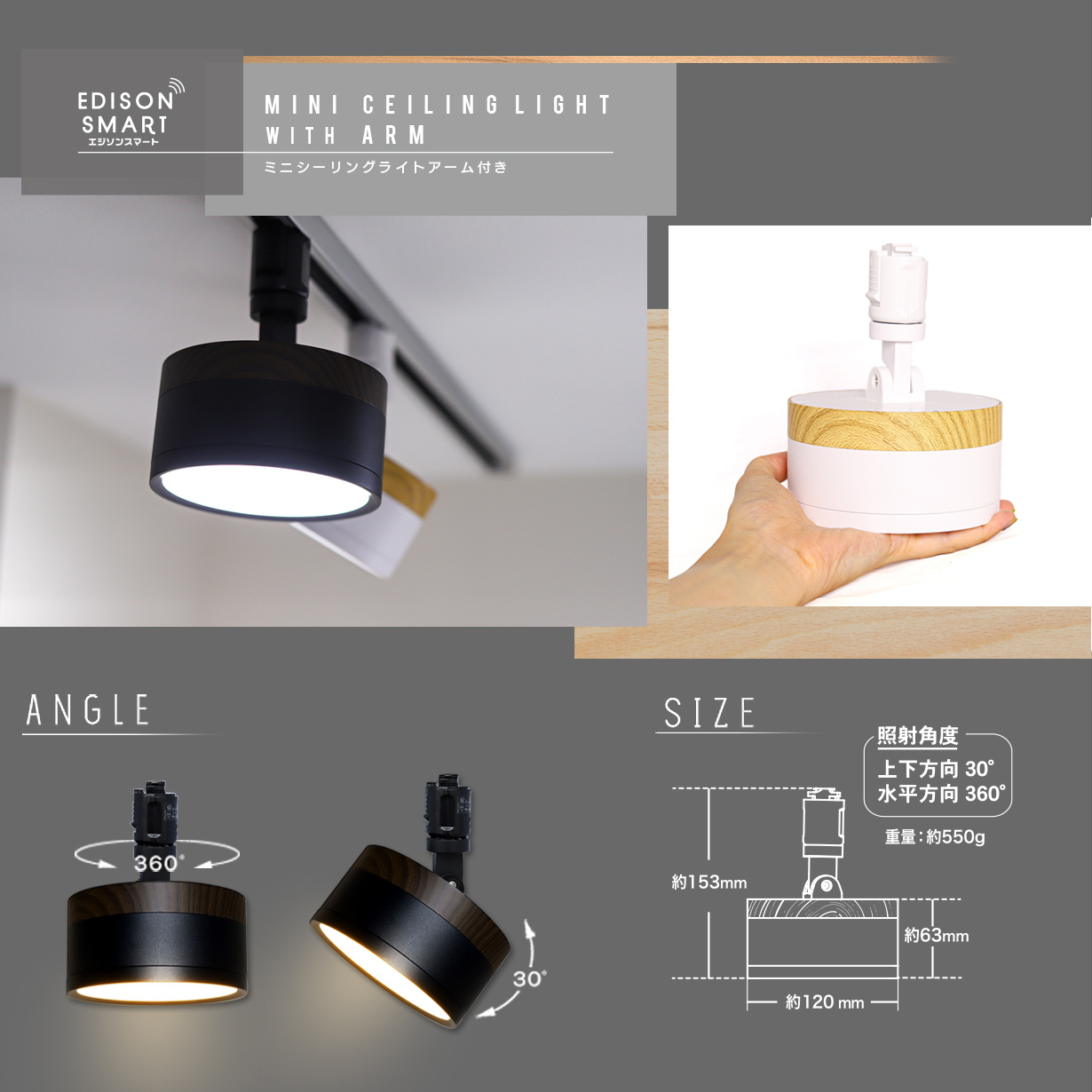 エジソンスマート ダクトレール用ミニシーリングライト アーム付き