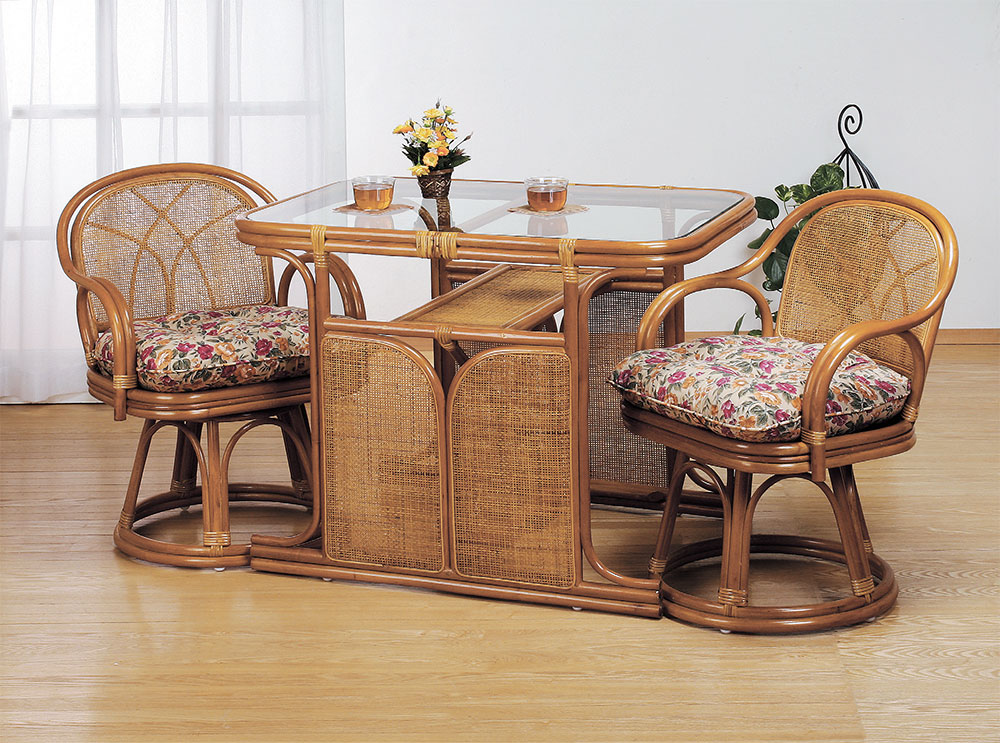 天然籐 ダイニング3点セット ラタン ガラステーブル チェア 椅子 2脚