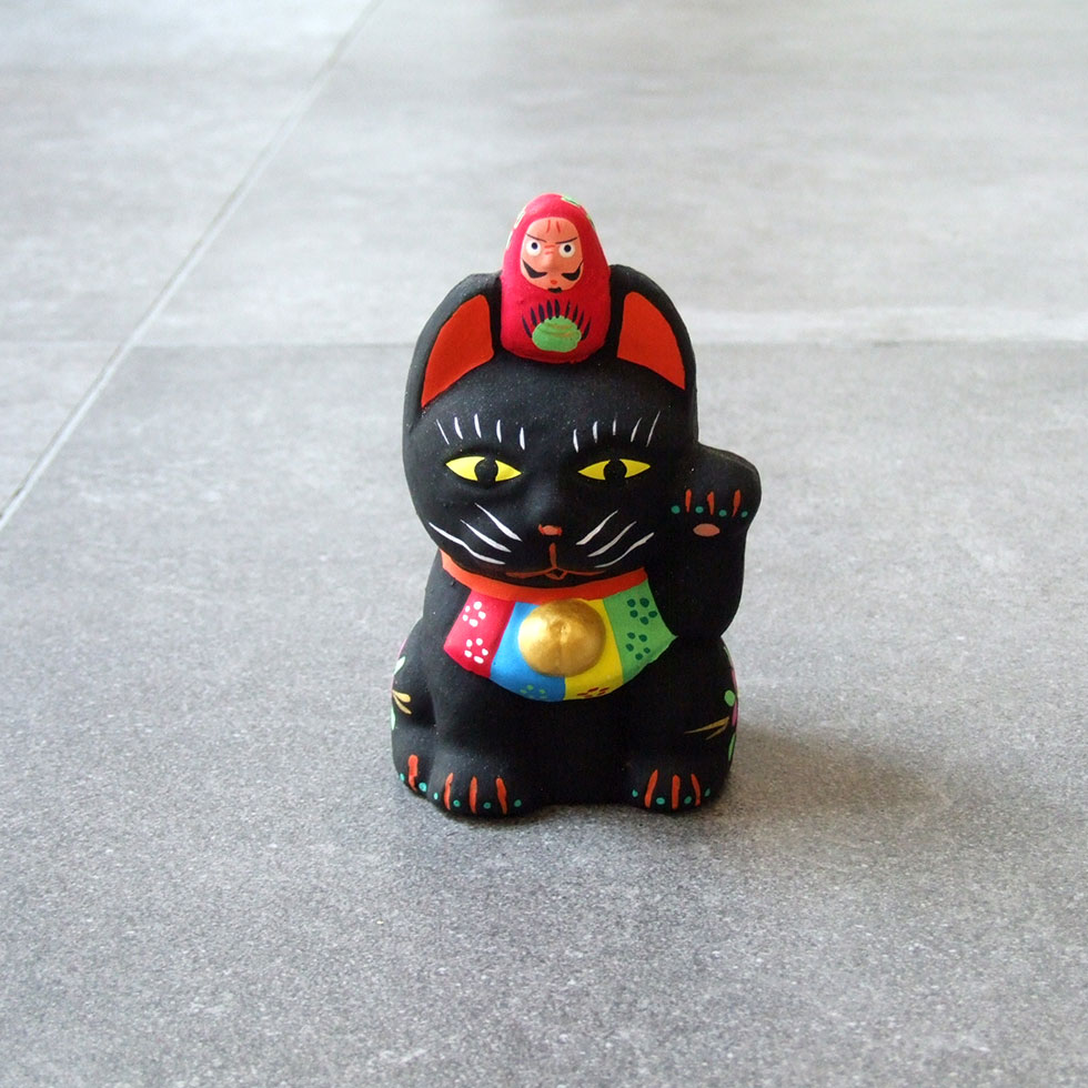 郷土玩具 民藝 福島県 工房千想 達磨乗り招き猫 黒 縁起物 置物 開運