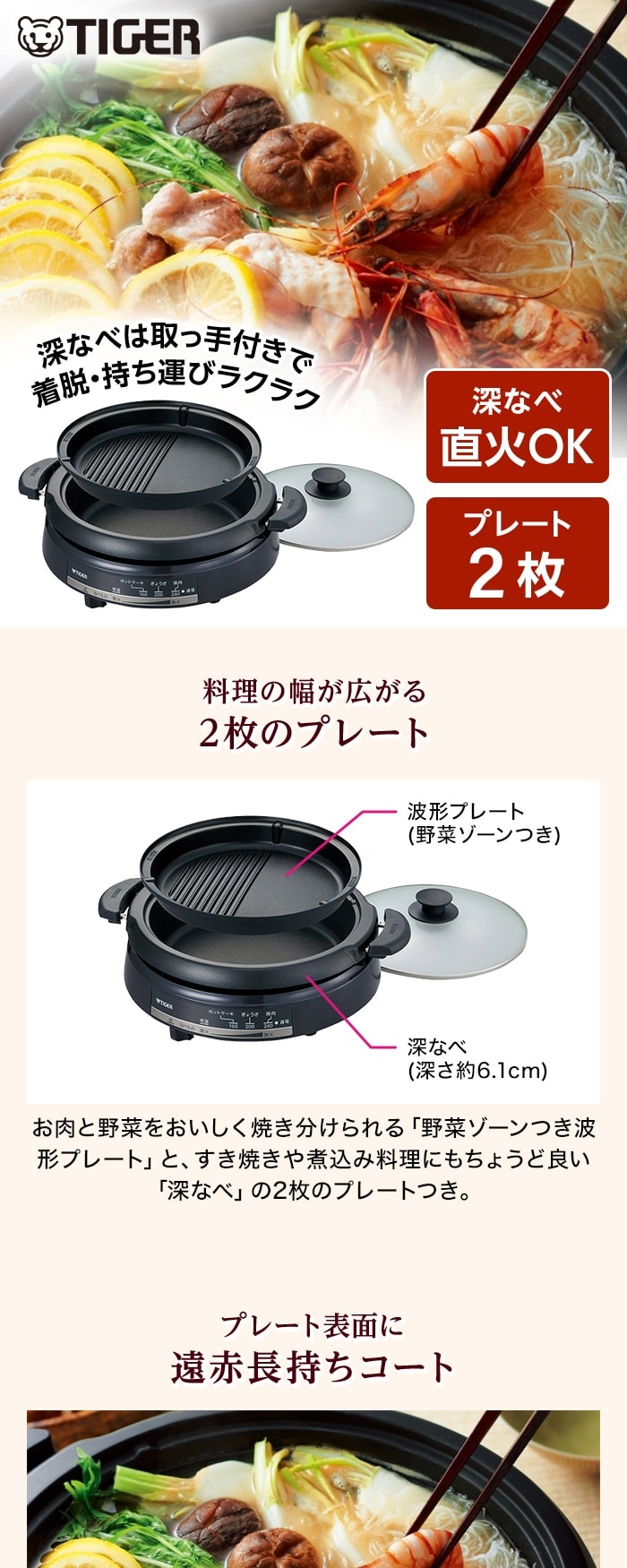 タイガー（TIGER） グリル鍋 グリルなべ 2枚プレート CQE-B201