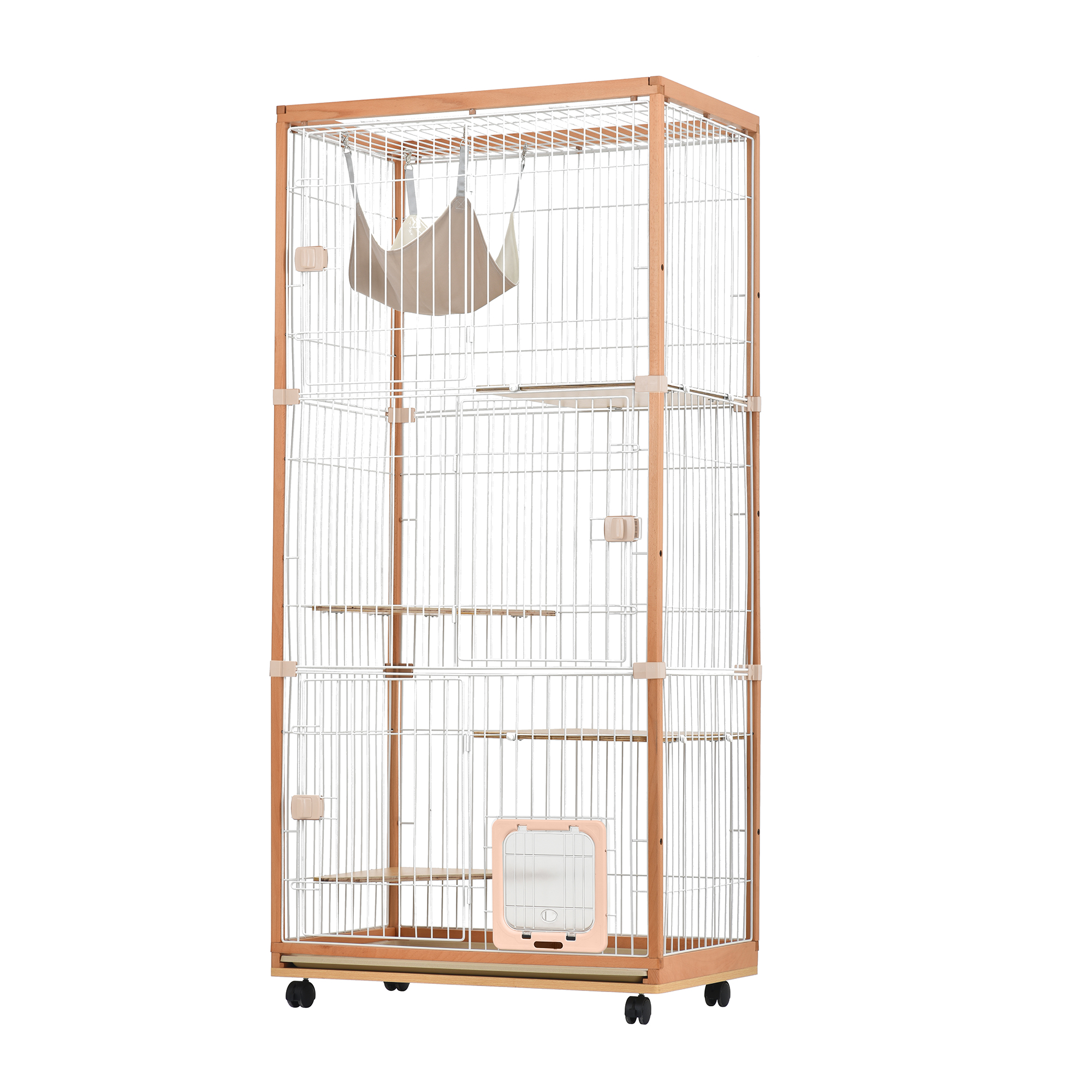 BTM 猫 ケージ キャットケージ 2段 木製フレーム ハンモック付 広々