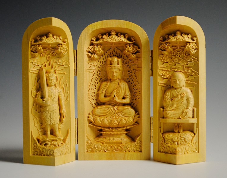 仏像】総柘植【真言宗三尊・大日如来・弘法大師・不動明王】三開仏