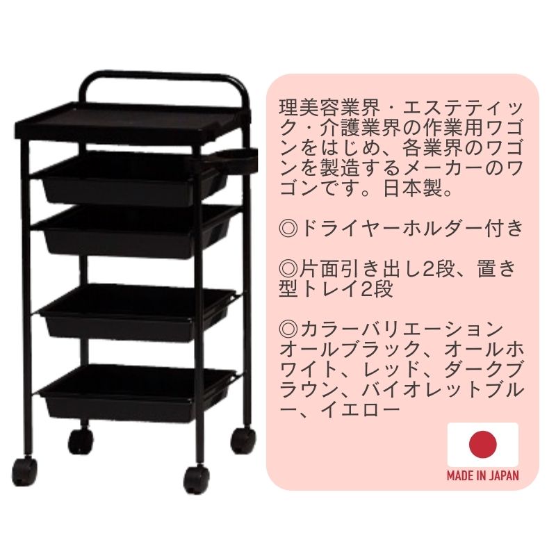 美容室ワゴン キャスター付き 片面引き出し2段 置き型トレイ2段