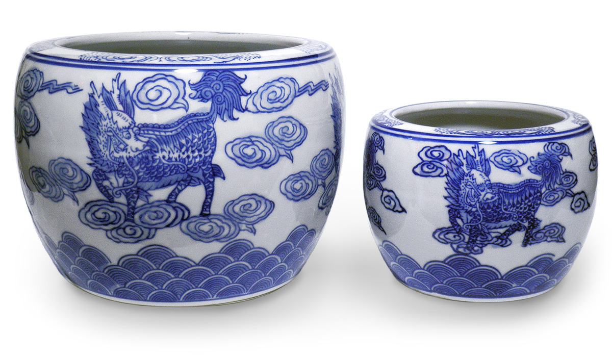 火鉢 大小 2点セット 水鉢 小型 ミニ火鉢 麒麟 霊獣 陶器(説明書付き