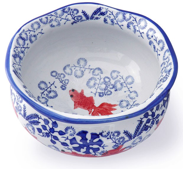 金魚鉢 陶器 おしゃれ 染付 赤絵 金魚柄(大サイズ) 説明書付 メダカ