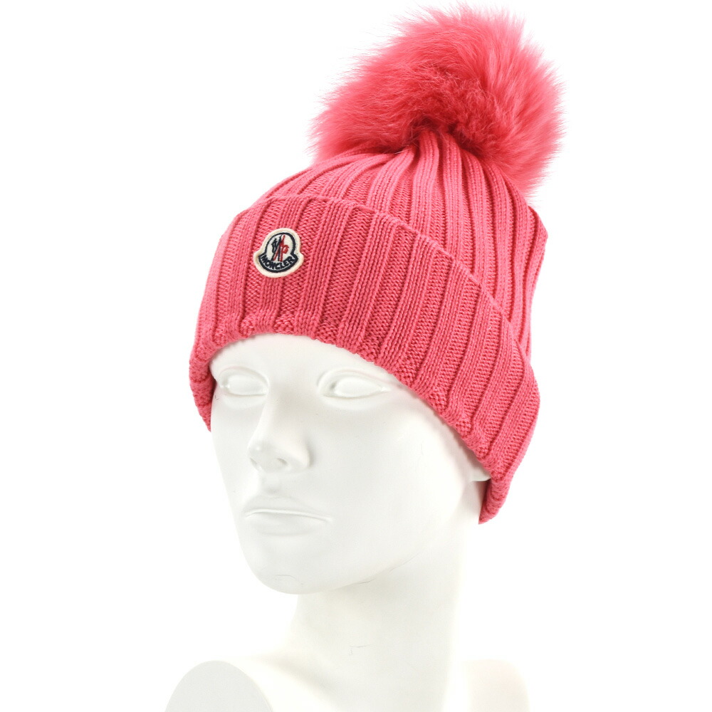 新品MONCLER ピンクファー付きニット帽 L