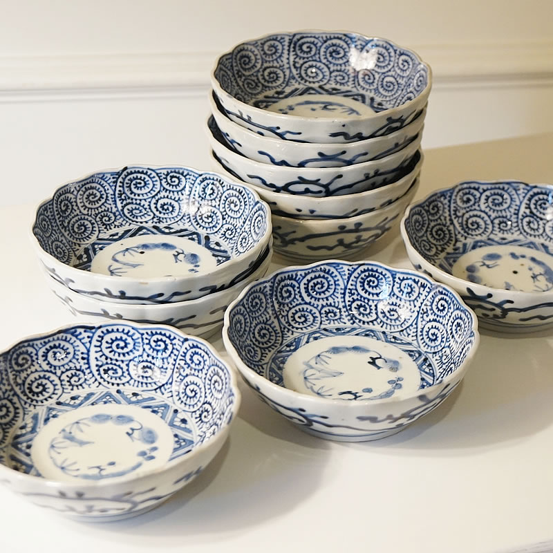 生活雑貨 ヴィンテージ 古伊万里 15cm 丸皿 蛸唐草文 10枚セット 送料