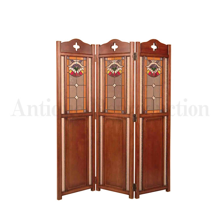 ステンドグラス 木製 パーテーション 3連 アンティーク調 間仕切り
