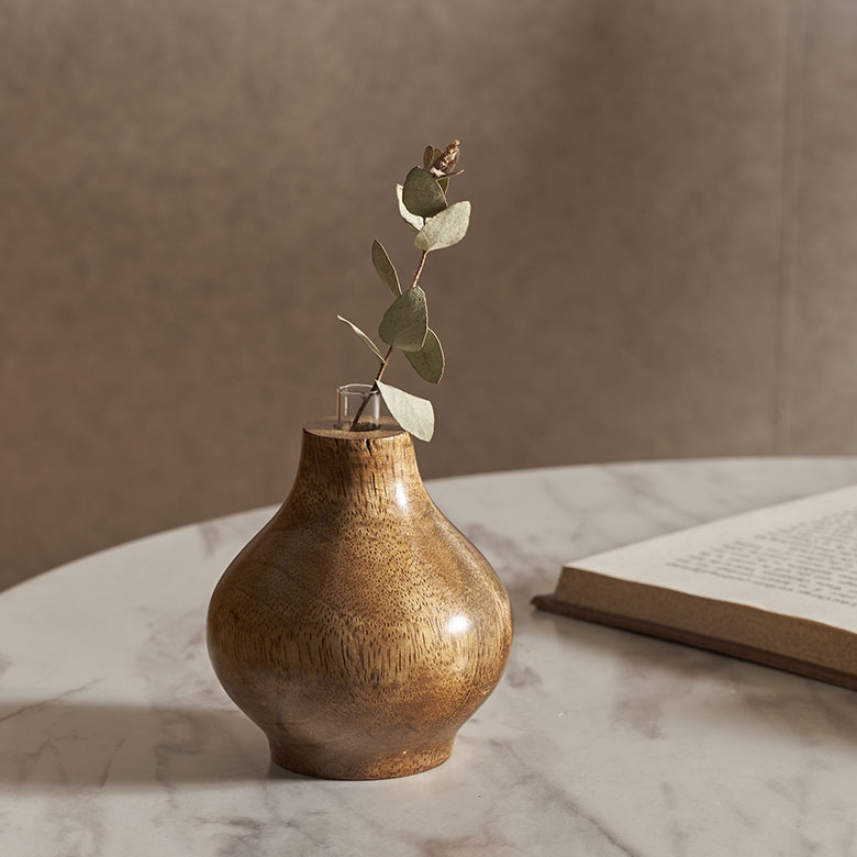 一輪挿し フラワーベース マンゴー ウッド 天然 木 製 ガラス 花瓶 約