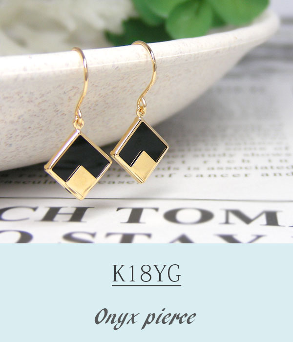 オニキス フック ピアス スクエア K18YG 18金 18k イエロー ゴールド