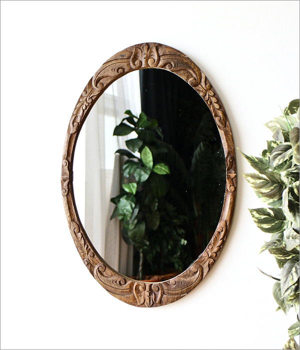 鏡 壁掛け 木製 ミラー 高さ70cm 楕円 彫刻 洗面 ウォールミラー 姿見