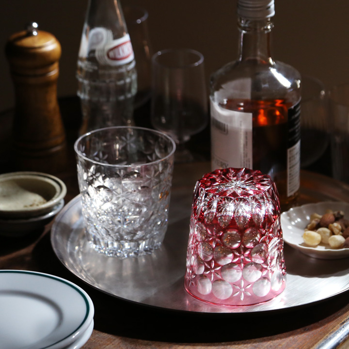 江戸切子 オールド 万華鏡 金赤 大場硝子 ロックグラス 切子グラス