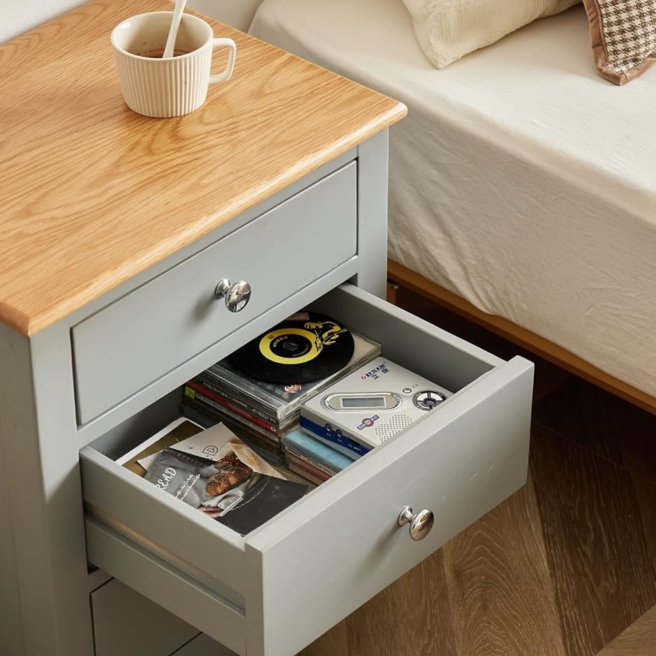 ナイトテーブル サイドテーブル 3段引出し 天然木 オーク材 木製 大